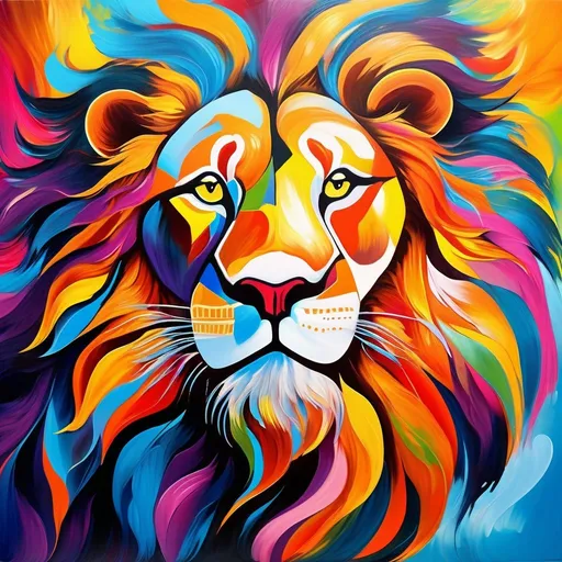 Prompt: Abstract surrealism painting of a majestic lion, vibrant and bold brushstrokes, exaggerated features, vivid colors, dreamlike atmosphere, high quality, surrealism, vibrant colors, abstract art, majestic lion, dreamlike, bold brushstrokes