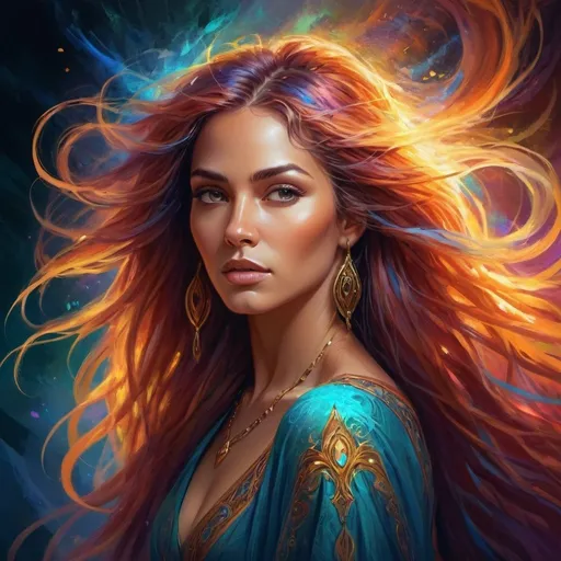 Prompt: Detailed digital painting of a powerful woman, vibrant colors, magical fantasy setting, flowing hair with intricate details, intense and confident expression, ethereal and mystical atmosphere, high quality, digital painting, fantasy, vibrant colors, flowing hair, powerful, confident, mystical, atmospheric lighting