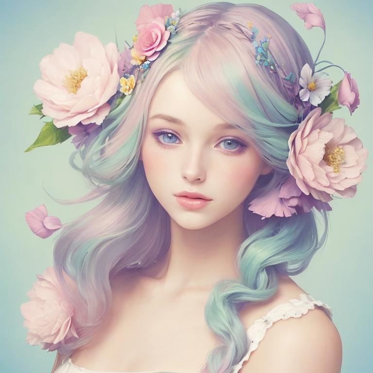 Prompt: Beautiful creation, woman with flowers in her hair, pastel colors