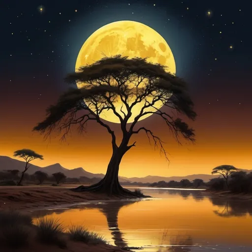 Prompt: digital painting, The night sky is illuminated by a bright yellow full moon, its reflection shimmering on the surface of the river. In the foreground, a solitary acacia tree stands as a silhouette, its branches reaching towards the twinkling stars above. The African desert landscape is bathed in an ethereal light, with the painting featuring a style of bold, slim lines, and a color scheme of intense dark chestnut brown, burnt sienna, and soft cream., bold and slim lines, brush strokes, intense dark chestnut brown, burnt sienna and soft cream color, close-up shot, short distance