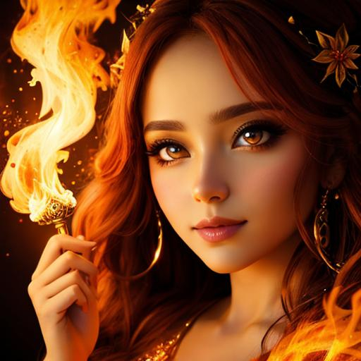 Prompt: fairy goddess, warm colors, fiery background, closeup