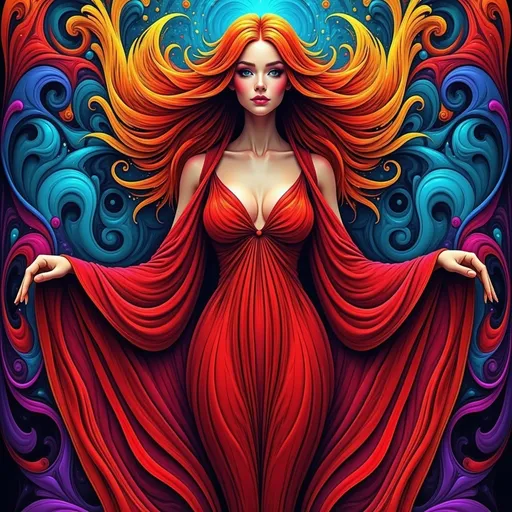 Prompt: Mage Crimson (painting of a well endowed woman in a striking red dress), vibrant, flowing red hair, red cape draping elegantly, (deep blue psychedelic background), surreal forms and patterns intertwining, created in the style of Alphonse Mucha, rich color saturation, ethereal and dreamlike atmosphere, (intricate textures), visually captivating, 4K quality, poster art aesthetic.