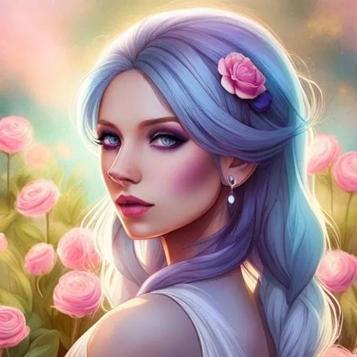 Prompt: A beautiful woman, white hair with pastel purple highlights, violet eyes, blue eyeshadow, pastel blue roses in her hair, blue jewels on forehead, cartoon style