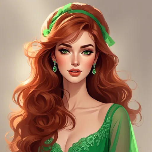 Prompt: <mymodel>Detailed illustration of a woman in vibrant green attire, large vivid green eyes, elegant makeup, digital painting, high resolution, realistic style, vibrant green, professional lighting