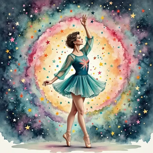 Prompt: This is a digitally created photograph of a ballet dancer captured mid-pose against a vibrant, swirling cosmic background. The dancer, a young woman with short, wavy brown hair, stands en pointe on the ball of her right foot, with her left leg bent at the knee and her left arm gracefully arched above her head. She wears a short, teal blue ballet dress adorned with a large, multicolored starburst pattern on the chest. Her dress has sheer sleeves and a slight flared skirt that adds movement to her pose. The background is a mesmerizing swirl of colors, including shades of pink, yellow, blue, and green, forming a spiral pattern that radiates from the center. The spiral is set against a dark, starry sky filled with small, twinkling stars of various sizes and colors. The overall composition combines elements of realism and fantasy, with the dancer's poised elegance contrasting the whimsical, otherworldly background. The lighting is soft, highlighting the dancer's form and the vivid colors of the background, creating a magical and ethereal atmosphere. The image evokes a sense of grace, beauty, and enchantment.
