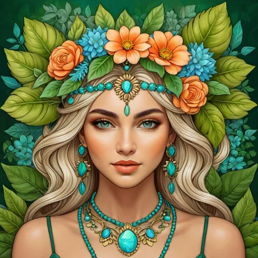 Prompt: a woman with flowers in her hair and a necklace on her head, surrounded by leaves and flowers, is shown in a digital painting style, Amanda Sage, fantasy art, highly detailed digital painting, a detailed painting