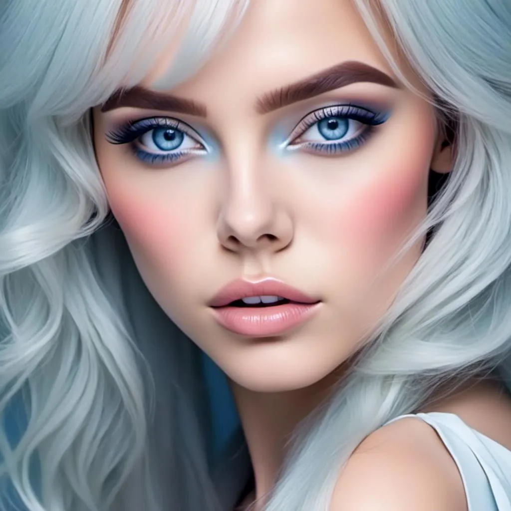 Prompt: <mymodel>A beautiful woman, snow white hair with pastel highlights, frosty blue eyes, blue eyeshadow, blue jewels on forehead