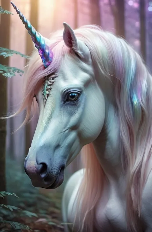 Prompt: Majestic unicorn in a mystical forest, ethereal and magical, detailed mane and tail with iridescent hues, vibrant and dreamy atmosphere, fantasy, mythical creature, ethereal lighting, pastel tones, high quality, detailed, fantasy, ethereal, vibrant, mystical forest, horn, detailed mane, iridescent, dreamy atmosphere, pastel tones, magical, atmosphere lighting