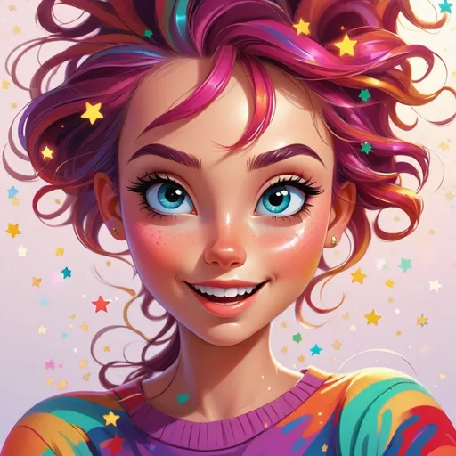 Prompt: colorful illustration of a playful girl, vibrant color palette, sparkling and twinkling elements, playful expression, flowing hair with vibrant colors, twinkling stars, vibrant, cartoon, playful, colorful, twinkling, sparkling, lively expression, vibrant hair, colorful palette