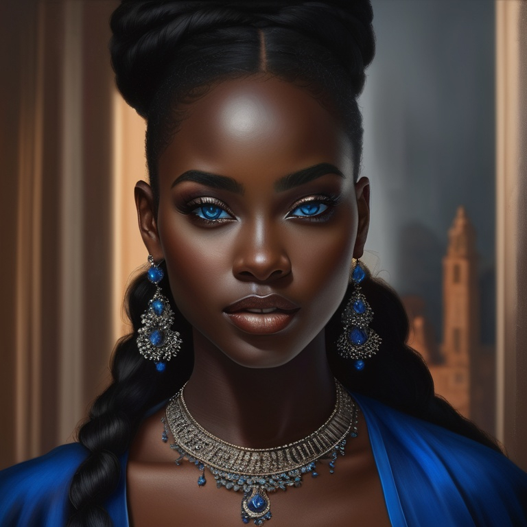 Prompt: Portrait of a black woman with very dark complexion and piercing blue eyes, pretty makeup, realistic painting, detailed features, high quality, realistic, dark skin, striking blue eyes, intense gaze, realistic painting, detailed facial features, professional, realistic lighting, dramatic contrast