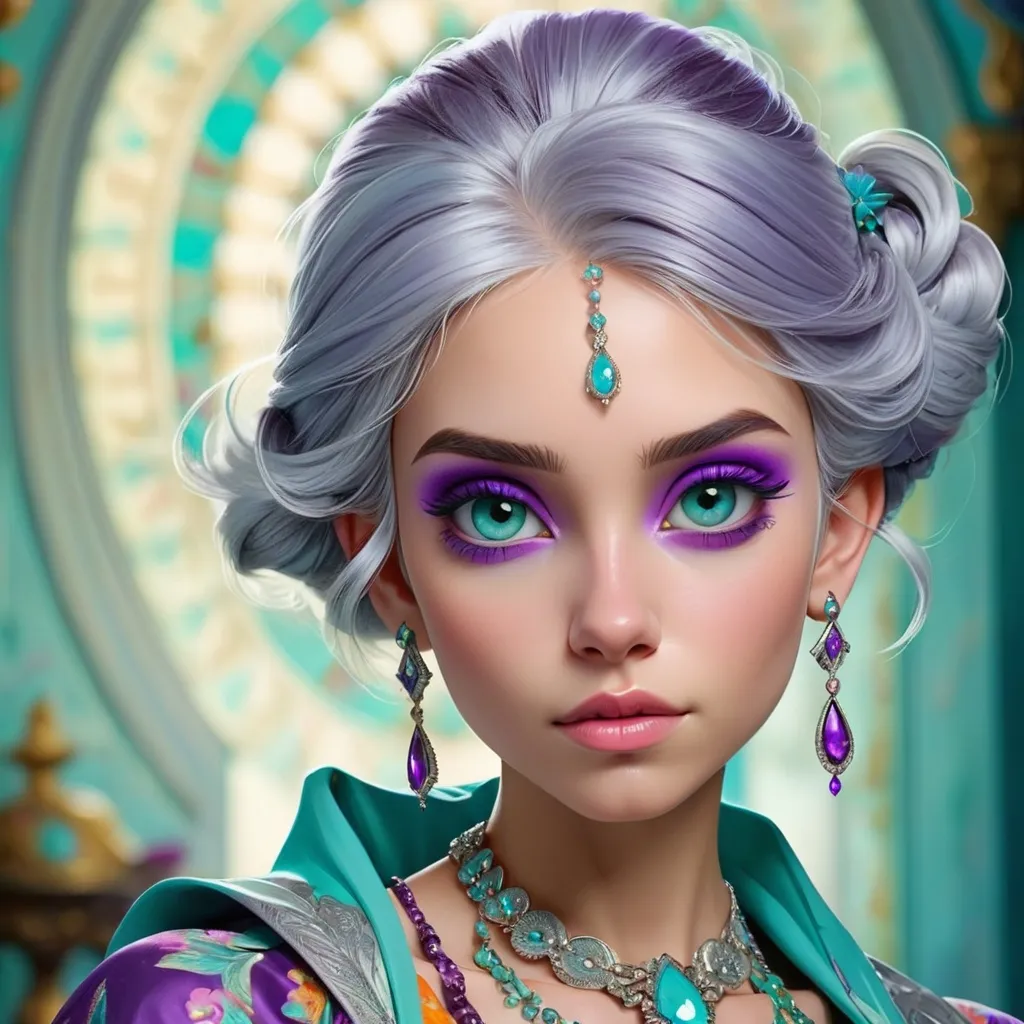 Prompt:  illustration of a young woman with beautiful silver hair, aqua and purple tones, elaborate jewelry, detailed makeup, colorful attire