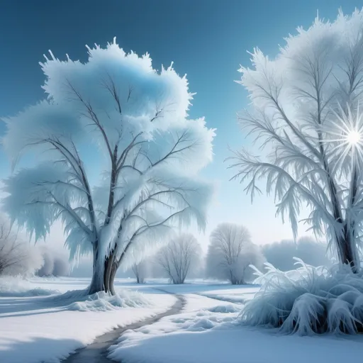 Prompt: (icy blue), serene winter landscape, frosty trees glistening in sunlight, soft white snowy ground, tranquil atmosphere, cool tones giving a sense of calm, enchanting ice formations in the foreground, high-quality details showcasing sparkling ice crystals, ethereal clouds, and delicate shadows, 4K ultra-detailed vibrancy capturing the essence of winter's beauty.