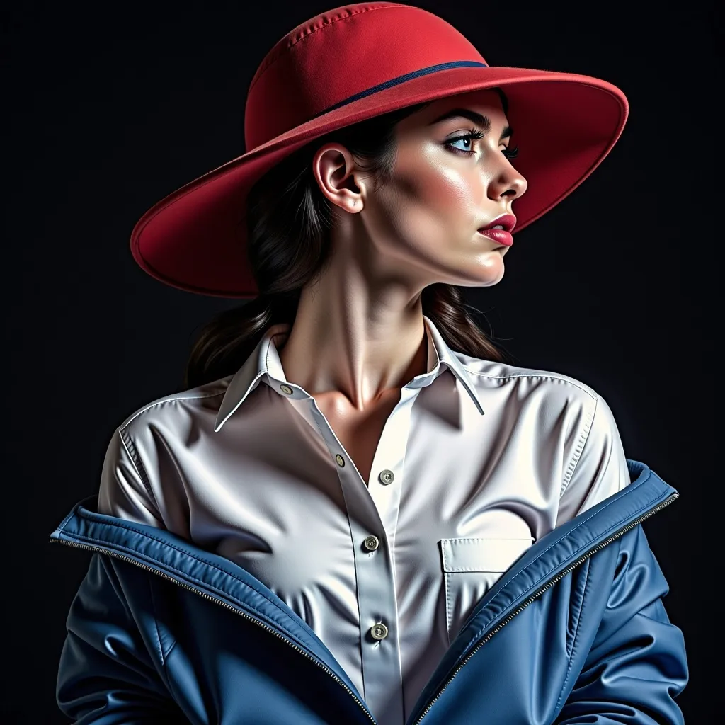 Prompt: a painting of a woman with a red hat on her head and a blue jacket on her shoulders and a white shirt on, Artgerm, figurative art, photorealistic portrait, a photorealistic painting