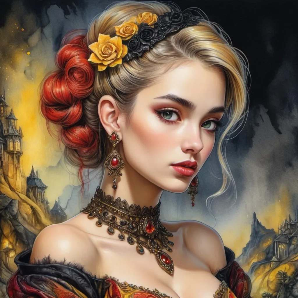 Prompt: beautiful woman, hair pinned up, yellow red black dress, earrings, Watercolor, trending on artstation, sharp focus, studio photo, intricate details, highly detailed, by  Josephine Wall and Jasmine Becket-Griffith