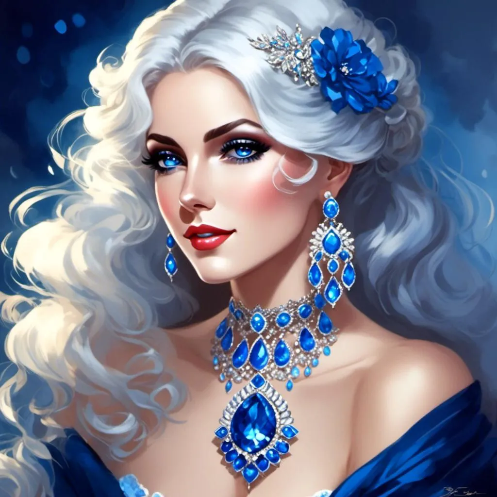 Prompt: A beautiful woman, white hair, blue eyes, blue eyeshadow, blue jewels <mymodel>