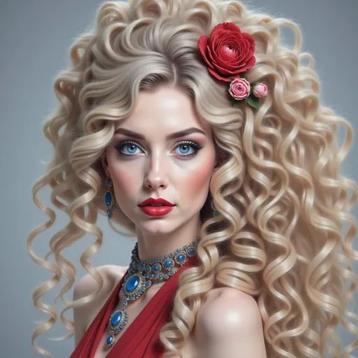 Prompt: a woman with a rose in her hair and a necklace on her neck and a necklace on her neck, Edwin Georgi, figurative art, highly detailed digital painting, a photorealistic painting