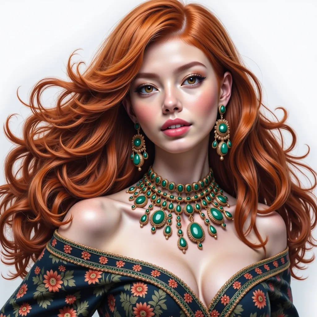 Prompt: beautiful woman with Auburn hair, red lips and  emerald green eyes wearing emerald jewelry