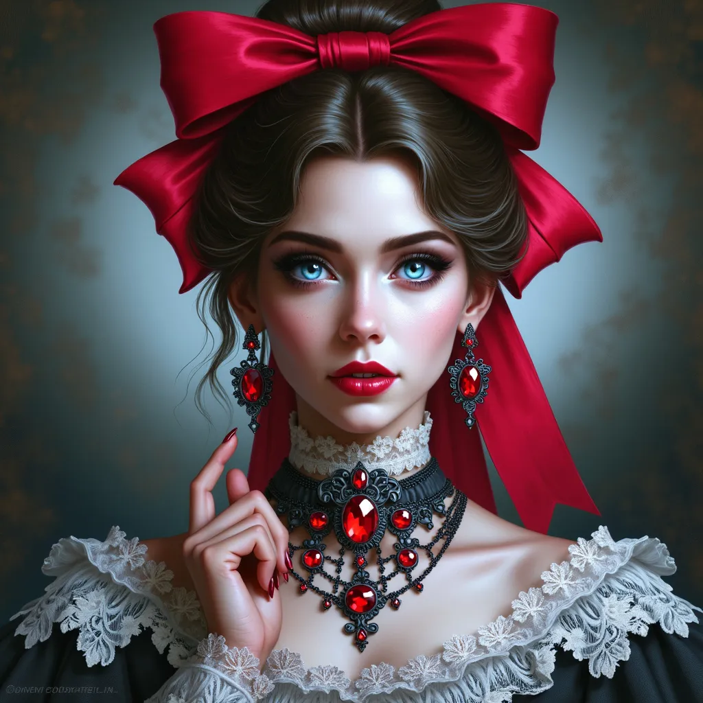 Prompt: a woman with a red bow and blue eyes wearing a necklace and earriings with red jewels, Edwin Georgi, gothic art, highly detailed digital painting, a photorealistic painting