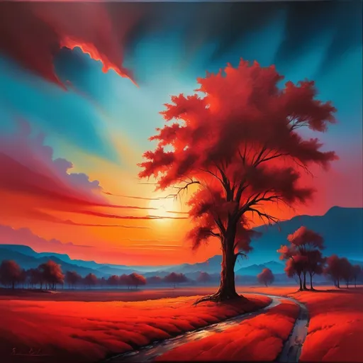 Prompt: Red sunset landscape, oil painting, vibrant colors, fine details, high-quality, realistic, warm tones, dramatic lighting, expansive horizon, silhouettes of trees, serene atmosphere