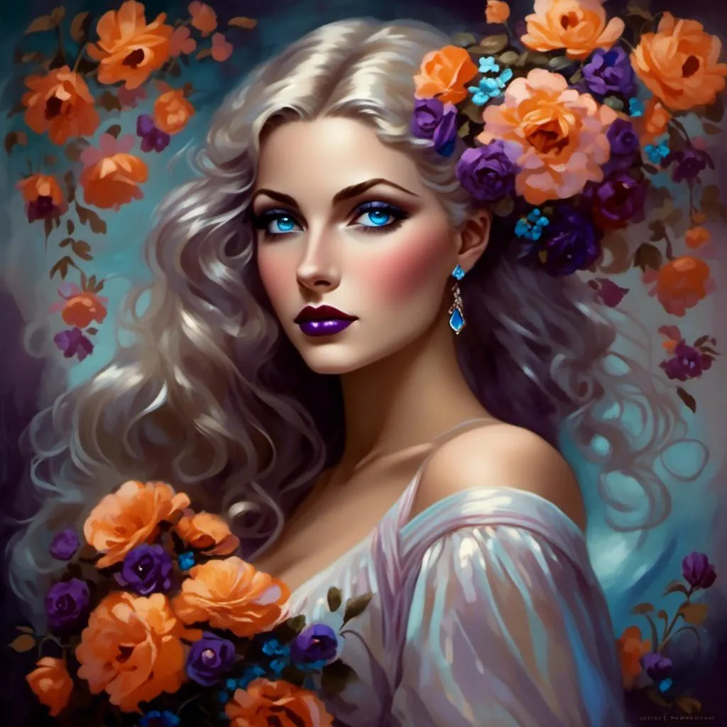 Prompt: <mymodel>Beautiful ethereal woman, long blonde hair,and icy blue eyes color, purple lipstick, facial closeup