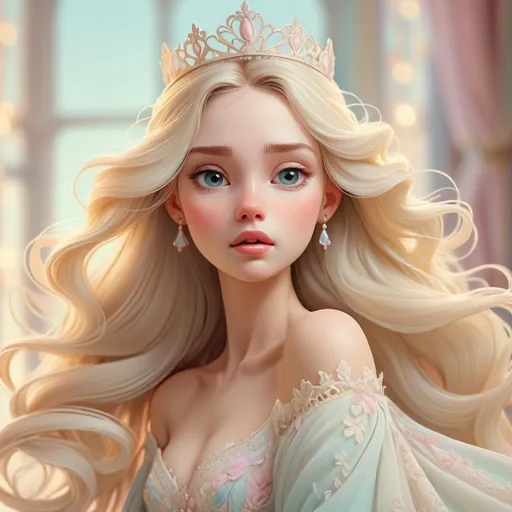 Prompt: Vanilla princess illustration with pastel colors, royal gown flowing in the wind, delicate lace details, soft and dreamy atmosphere, high quality, detailed, pastel colors, princess, elegant, flowing gown, delicate lace, dreamy atmosphere, royal, soft lighting, facial closeup