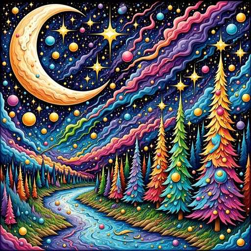 Prompt: A quirky colorful landscape of the night sky and a crescent moon