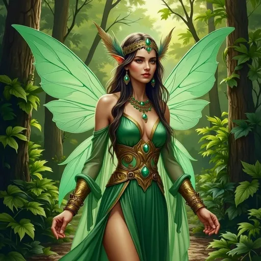 Prompt: This is a highly detailed, digital fantasy artwork depicting two female fairy-like characters standing in a lush, green forest. The forest is dense with tall trees and thick, vibrant foliage, creating a mystical, enchanted atmosphere. The two women are the focal point, standing close to each other, gazing into each other's eyes with a sense of connection and intimacy.

Both women have long, dark brown hair adorned with green and gold accessories, including headpieces with feathers and turquoise gemstones. They have fair skin and delicate, fairy-like features with pointed ears. Their eyes are large and expressive, with a slight, enchanting glow.

The woman on the left is wearing an elaborate, gold and green armor-like outfit that reveals her cleavage and has intricate patterns and designs. Her outfit includes a high-neck collar, shoulder armor, and a short skirt with a golden, ornate belt. She has translucent, green fairy wings with a delicate, lace-like texture.

The woman on the right is dressed in a flowing, green and gold gown with a sheer, green overlay. Her gown has wide, off-the-shoulder sleeves and a low neckline. She also has translucent, green fairy wings that match those of her companion.

Both women wear matching turquoise earrings and necklaces, adding to the harmony of their appearance. The overall style of the artwork is highly realistic with a touch of fantasy, showcasing exquisite detail in the characters' attire, expressions, and the surrounding forest. The image is vibrant and rich in color, emphasizing the magical and otherworldly setting. The artist's signature, "Sergey Shumovsky," is visible in the bottom left corner.