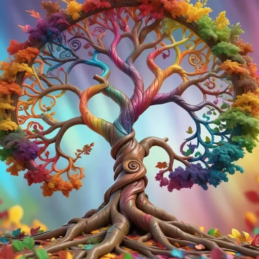 Prompt: colorful gnarled tree of life, spiral colors in the background, rainbow leaves, hyper-detailed, photorealistic 8k max