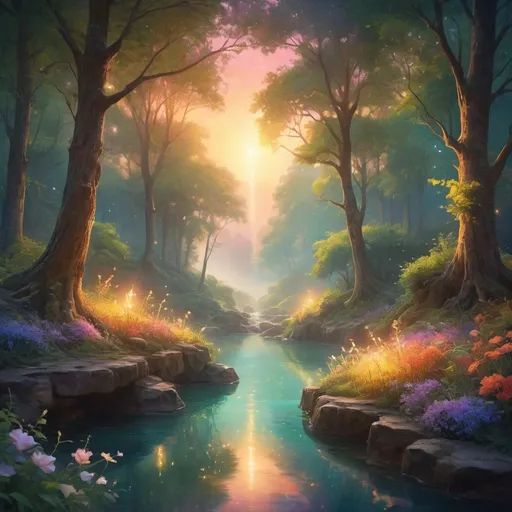 Prompt: (ethereal glow), luminous light radiating, soft illumination, vivid colors, warm ambient tones, magical atmosphere, serene background, enchanting landscapes, high detail, ultra-detailed, vibrant, dreamlike scenery, shimmering reflections, calming hues, captivating visual experience