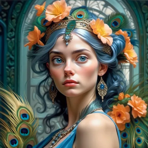 Prompt: a painting of a woman with a peacock headpiece on her head and feathers on her head, and a blue dress, Donato Giancola, figurative art, highly detailed oil painting, a photorealistic painting <mymodel>