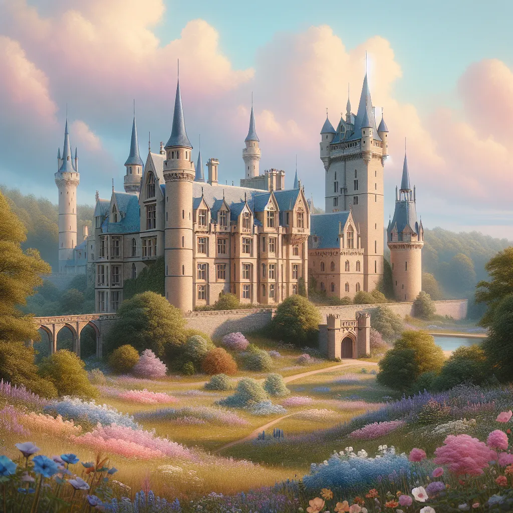 Prompt: A pastel landscape with a castle