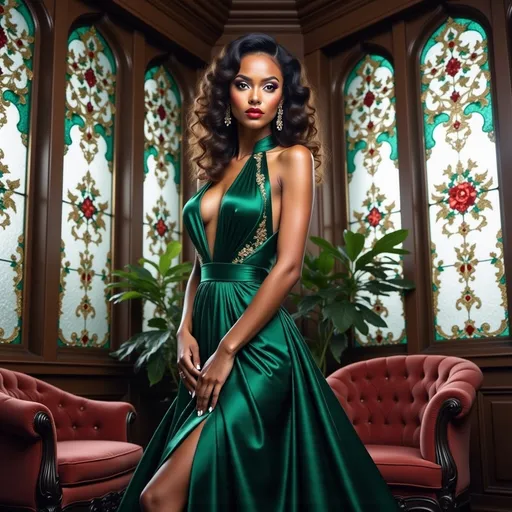 Prompt: Bathed in the soft glow of beautifully crafted stained glass windows, a striking figure in a lush green gown commands attention, with her deep, red lips and perfectly styled curls enhancing her dramatic allure. The bodice of her dress features intricate patterns that echo natural elements, while the flowing fabric cascades gracefully around her, creating an air of elegance. Set in an opulent indoor space adorned with dark wood and rich furnishings, including a lavishly upholstered red chair, the atmosphere is both luxurious and timeless. The light filtering through the glass adds a warm, ethereal quality to the scene, encapsulating both sophistication and a sense of drama. The poised yet inviting expression on her face hints at a narrative filled with intrigue and confidence, making it a captivating moment frozen in time.