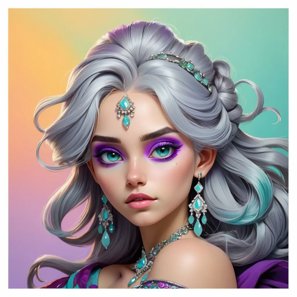 Prompt:  illustration of a young woman with beautiful silver hair, aqua and purple tones, elaborate jewelry, detailed makeup, colorful attire