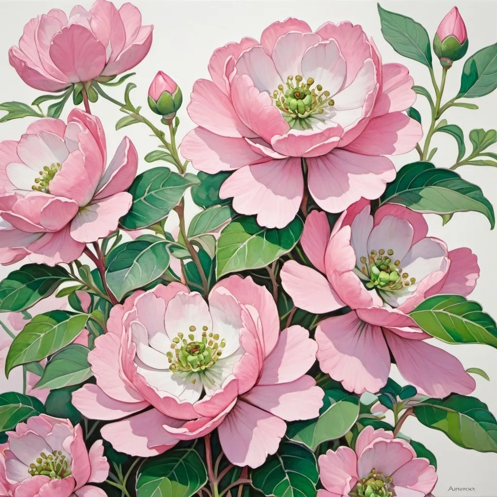 Prompt: a painting of pink flowers with green leaves on a white background with a pink center and green leaves on the bottom, Annabel Kidston, cloisonnism, in gouache detailed paintings, a watercolor painting