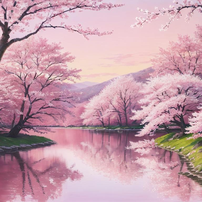 Prompt: A peaceful pink landscape, oil painting, cherry blossom trees in full bloom, serene lake reflecting the pink sky, high quality, impressionist, pastel pink tones, soft lighting