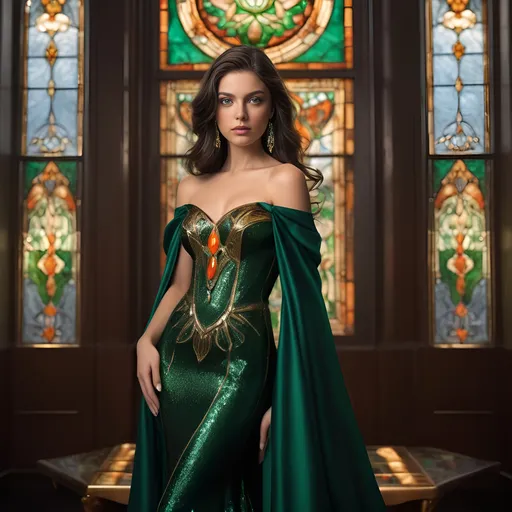 Prompt: Radiating elegance, a striking young woman with flowing, dark hair and captivating green eyes occupies the foreground, adorned in luxurious emerald jewelry that glimmers against her skin. Her expression is serene and confident, complemented by a rich green off-shoulder garment that enhances her graceful allure. Behind her, a vivid stained-glass window bursts with warm hues of gold and orange, creating a stunning contrast that adds a divine ambiance to the setting. The interplay of light and shadow gives depth to her features, while also illuminating the intricate details of her ornate necklace and earrings. This scene encapsulates a sense of beauty and opulence, inviting the viewer to appreciate the artistry of both the subject and her surroundings.