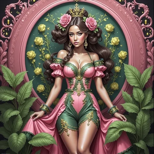 Prompt: a painting of a woman with a flower in her hair and a pink dress with green leaves around her, Anne Stokes, psychedelic art, highly detailed digital painting, an art deco painting