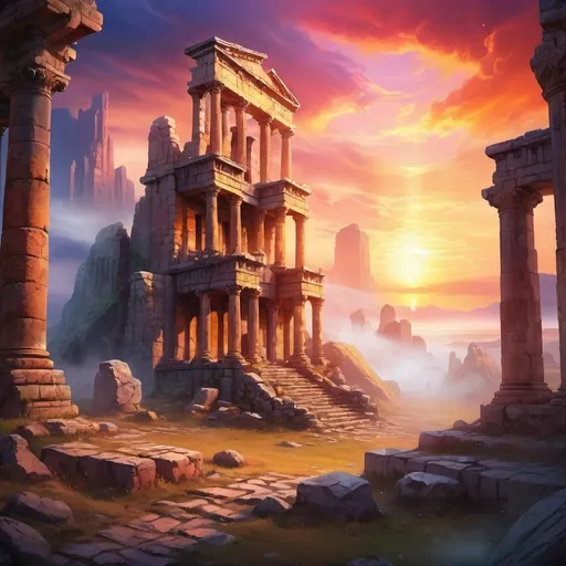 Prompt: Majestic fantasy landscape with ancient ruins, mystical glowing stones, swirling mist, epic sunset, high quality, digital painting, vibrant colors, dramatic lighting, detailed architecture, mythical atmosphere