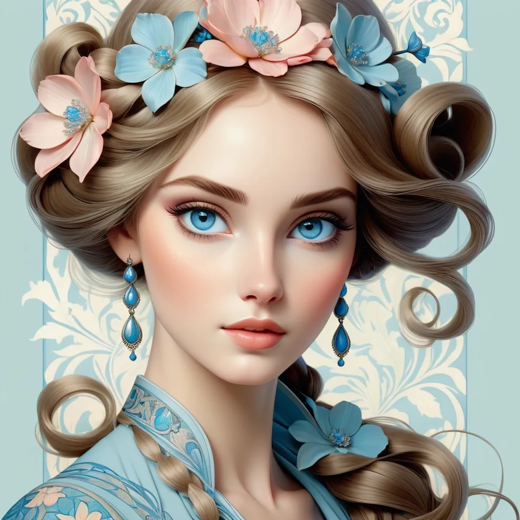 Prompt: Art Nouveau illustration of a mesmerizing blue-eyed beauty, flowing hair with floral motifs, elegant vintage attire, soft pastel color palette, intricate organic patterns, graceful posture, detailed facial features, captivating gaze, best quality, highres, elegant, Art Nouveau, floral motifs, vintage attire, soft pastels, intricate patterns, detailed features, captivating gaze, graceful posture, organic style