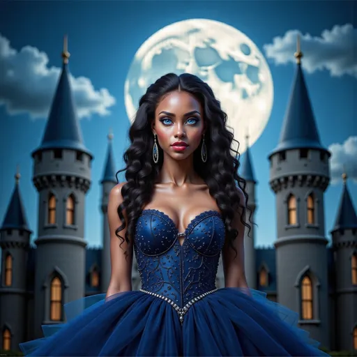 Prompt: Under the glow of a full moon, a striking woman stands in front of a grand, fairy-tale castle that towers majestically behind her, its spires reaching toward the night sky. Her long, cascading black curls frame her flawless face, accentuated by bold red lips that add a dramatic flair to her elegant appearance. Dressed in a deep blue gown adorned with intricate embellishments and a voluminous skirt, she exudes a sense of mystery and allure. The scene is bathed in a cool, ethereal light, evoking a blend of enchantment and twilight magic, while the surrounding clouds drift lazily across the moonlit backdrop. The composition captures a moment that feels both timeless and otherworldly, inviting the viewer into a captivating narrative of beauty and elegance.