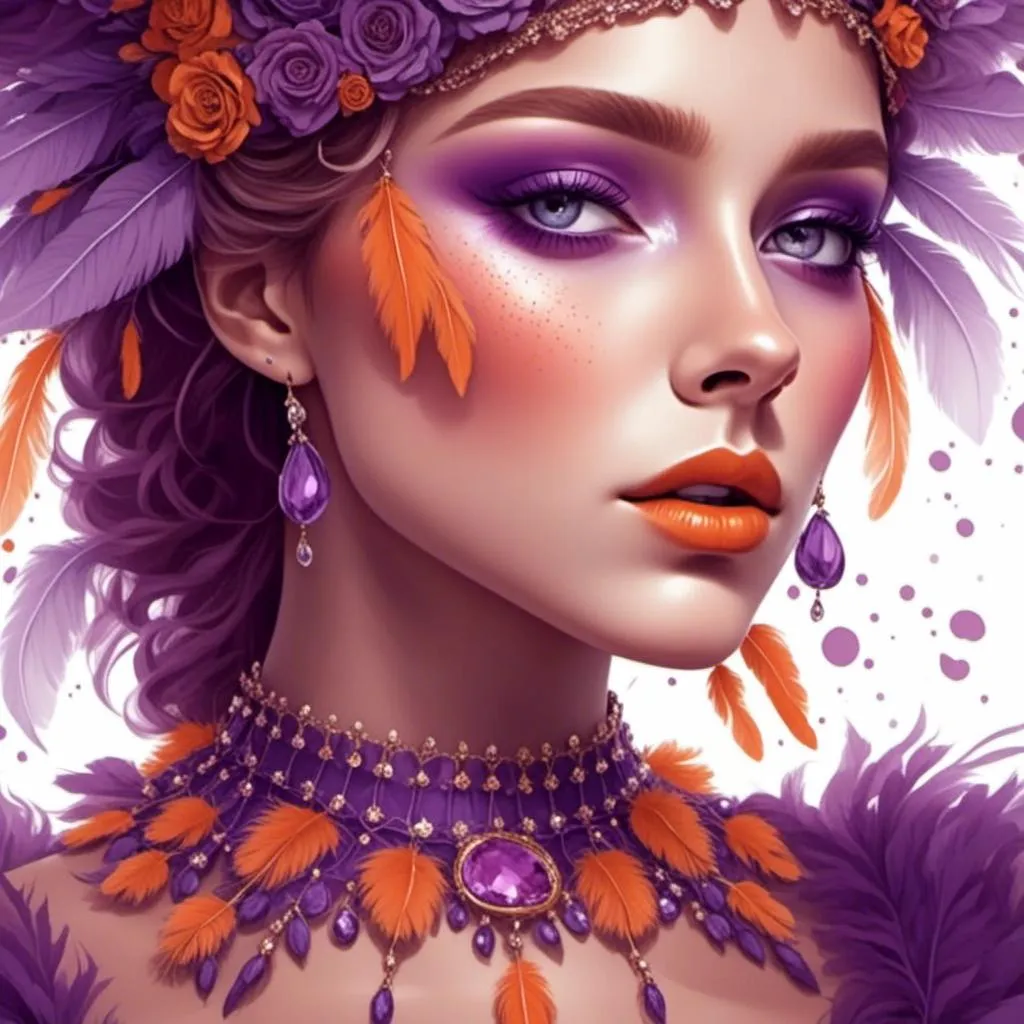 Prompt: <mymodel> a woman in a purple dress and purple hat with orange feathers on her head and a purple hat with orange feathers on her head, Edwin Georgi, fantasy art, highly detailed digital painting, a detailed painting