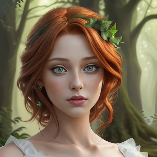 Prompt: Realistic digital painting depicting a young girl with captivating eyes, flowing auburn hair, elegant evening gown, enchanting forest setting, high quality, realistic, detailed, digital painting, enchanting, auburn hair, green eyes, evening gown, forest setting