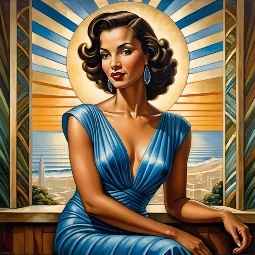 Prompt: a painting of a woman with dark hair and a blue dress , Ernie Barnes, art deco, modern art deco, an art deco painting