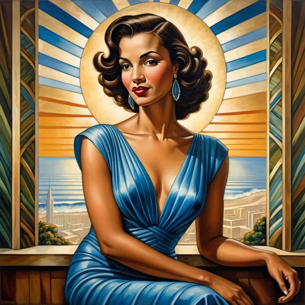 Prompt: a painting of a woman with dark hair and a blue dress , Ernie Barnes, art deco, modern art deco, an art deco painting