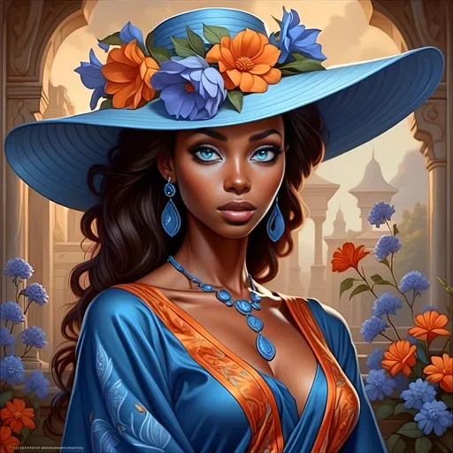 Prompt: <mymodel> a painting of a woman wearing a blue hat with flowers on it's head and a blue dress, Edwin Georgi, fantasy art, highly detailed digital painting, a detailed painting