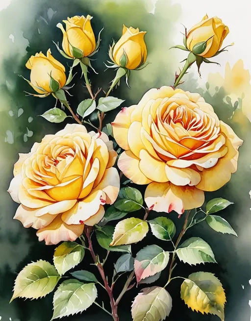 Prompt: watercolor, yellow rose bush