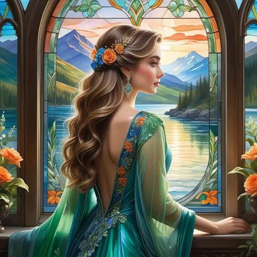 Prompt: Bathed in ethereal light, a young woman stands gracefully before a stained-glass window, her back turned to the viewer. Dressed in an ornate gown featuring rich greens and intricate floral patterns, her flowing, wavy hair cascades over her shoulder, adorned with a blue flower and complemented by elegant earrings. The window frames a picturesque landscape of serene mountains and a shimmering lake, hinting at a tranquil day enriched with soft pastels in the sky. Surrounding her, vivid blooms in shades of orange, blue, and green enhance the enchanting atmosphere, while the overall composition exudes both a sense of mystery and serene beauty. The artwork, characterized by its lush colors and fine details, invites viewers into a world of fantasy and elegance.