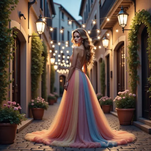Prompt: Bathed in the warm glow of string lights, a breathtaking scene unfolds in a cobblestone alley, where twilight casts a soft blue hue over the surroundings. At the forefront, a stunning young woman stands confidently, her long, wavy hair cascading down her shoulders, accentuating the ethereal quality of her magnificent gown. The dress transitions through a spectrum of vibrant colors—soft pastels to radiant hues—creating a dreamy effect as it cascades around her. Lush potted flowers frame the scene, adding a touch of romance, while the charming architecture of the buildings enhances the enchanting atmosphere, inviting viewers into a whimsical, almost fairy-tale world. The overall composition resonates with a sense of elegance and magic, evoking feelings of wonder at the beauty of the moment.
