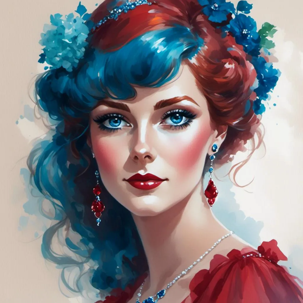 Prompt: A lady in red, blue eyes, Auburn hair, facial closeup<mymodel>