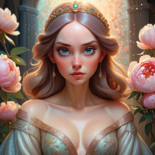 Prompt: daniel merriam art, beautiful renaissance painting of woman, perfect face, woman wearing a long fairy gown, sparkles, art by artgerm, wlop, loish, ilya kuvshinov, 8 k hyperrealistic, hyperdetailed, beautiful lighting, detailed background, depth of field, symmetrical face, frostbite 3 engine, cryengine,garden of roses and peonies background, ultra detailed,soft lighting